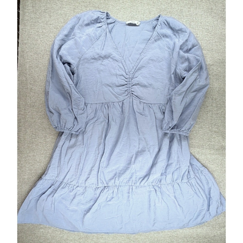 Mango MNG Periwinkle Blue Tiered Puff Sleeve V-Neck Babydoll Mini Dress Medium